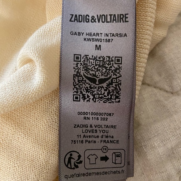 New! Zadig & Voltaire Crewneck Intarsia Heart Long sleeve sweater Ecru Med. $368 - Picture 9 of 13